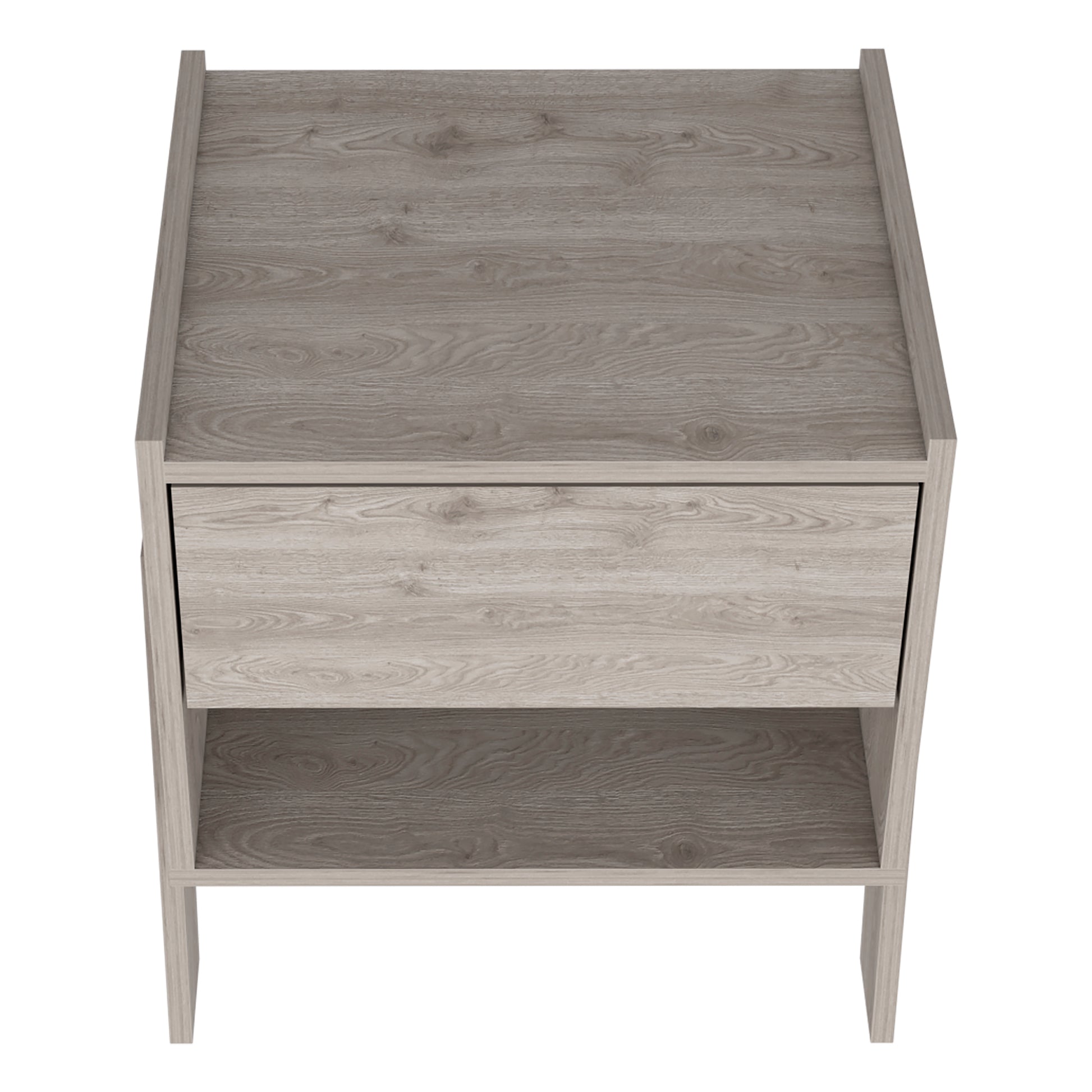 Grey wood effect bedside table with one drawer and open shelf