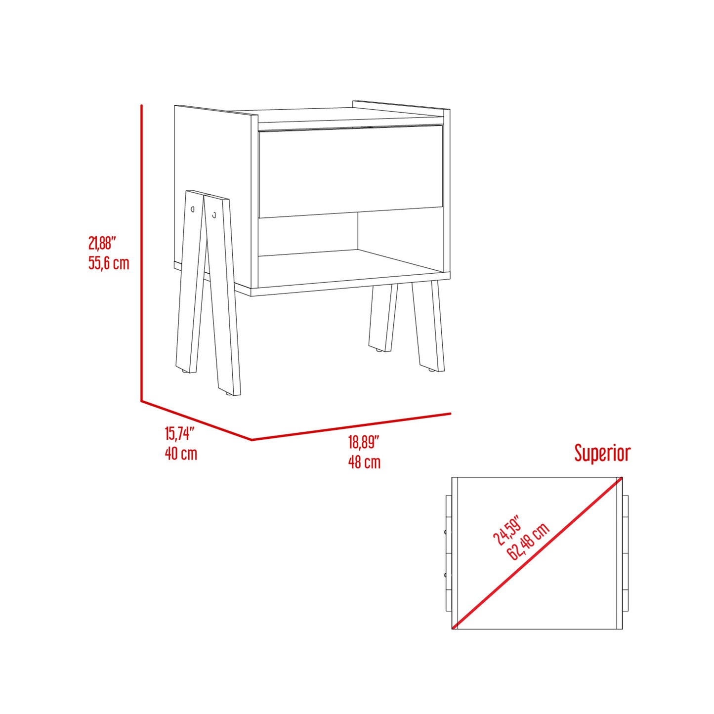 Diagram of a modern nightstand with angled legs and drawer dimensions shown