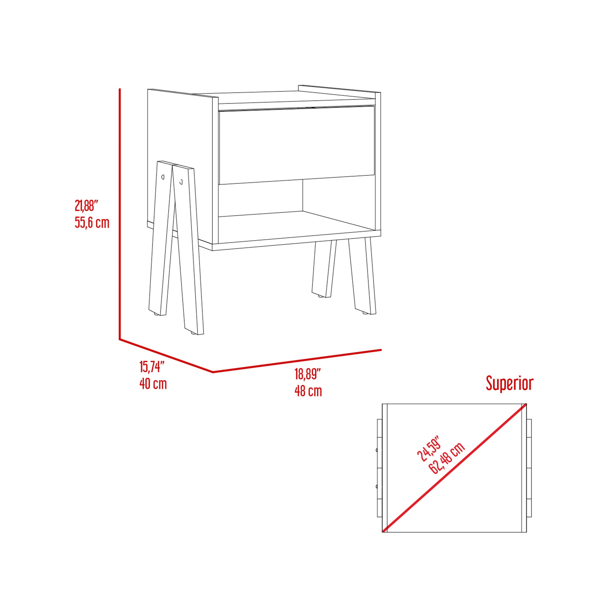 Diagram of a modern nightstand with angled legs and drawer dimensions shown