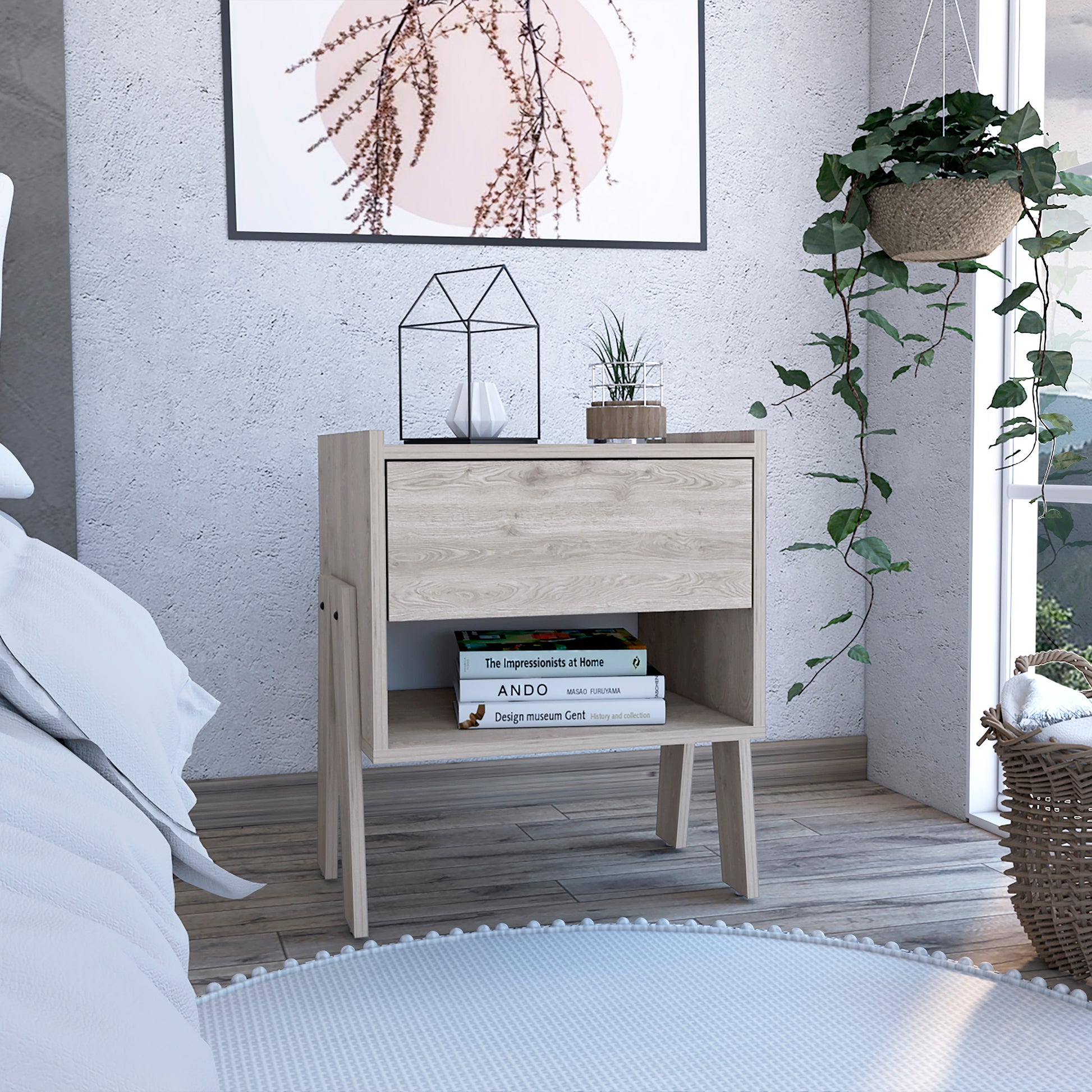 Light oak bedside table with a drawer and open shelf perfect for modern bedrooms