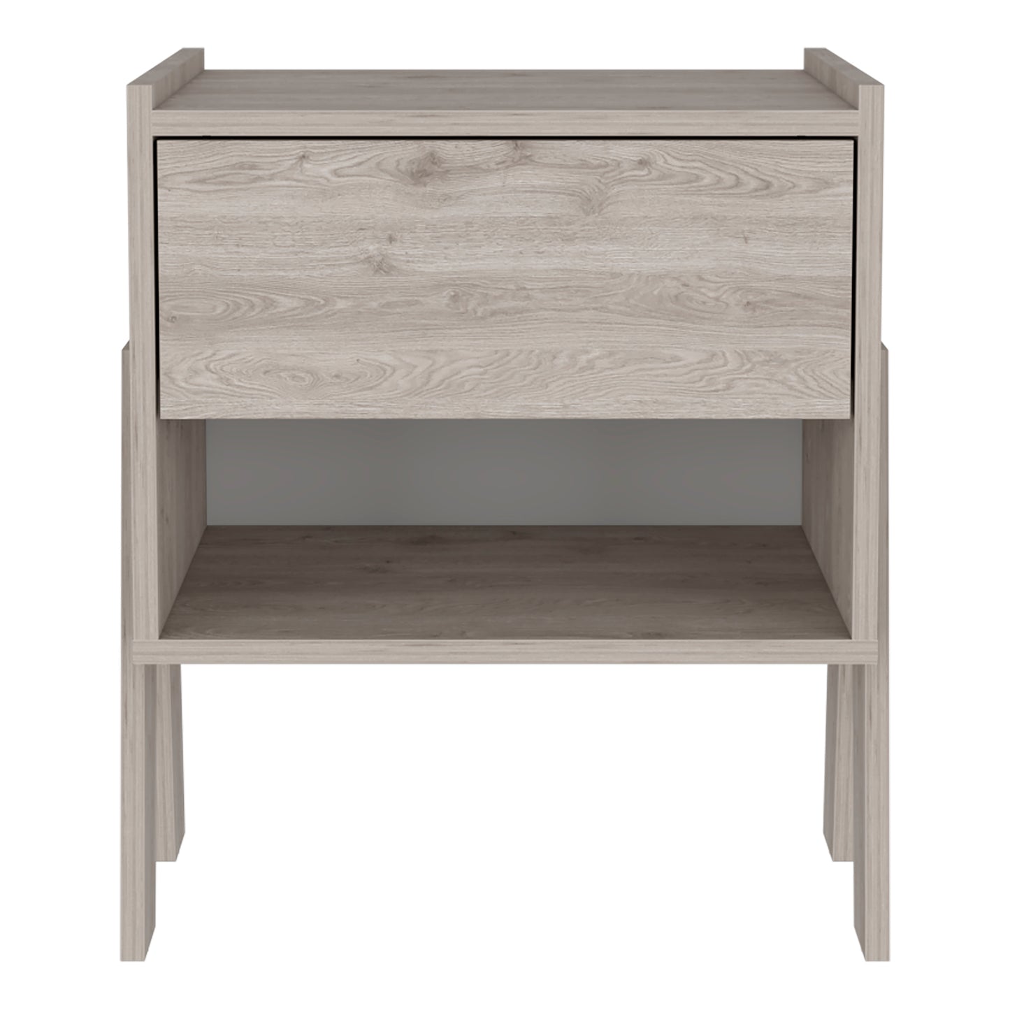 Modern oak veneer nightstand with single drawer and open shelf