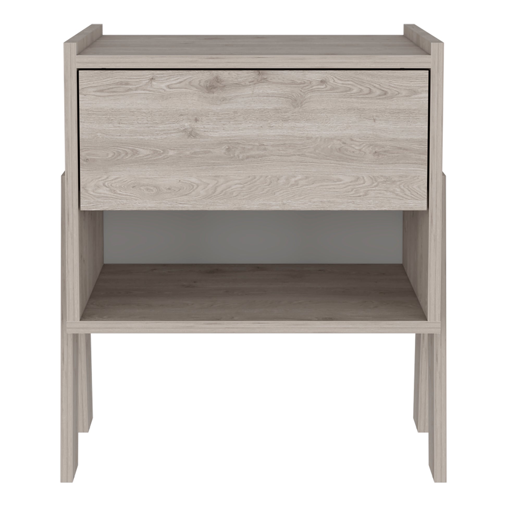 Modern oak veneer nightstand with single drawer and open shelf