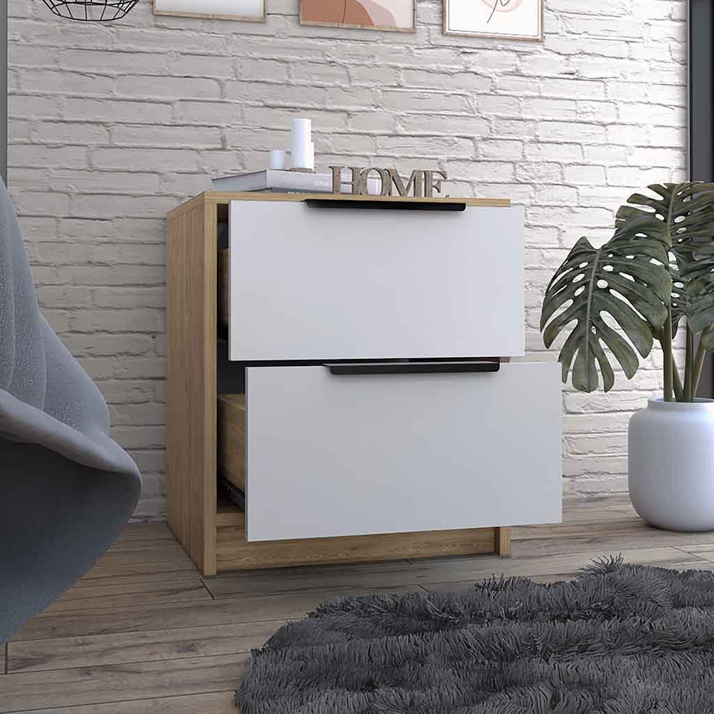 Modern twodrawer nightstand with white fronts and wood grain frame