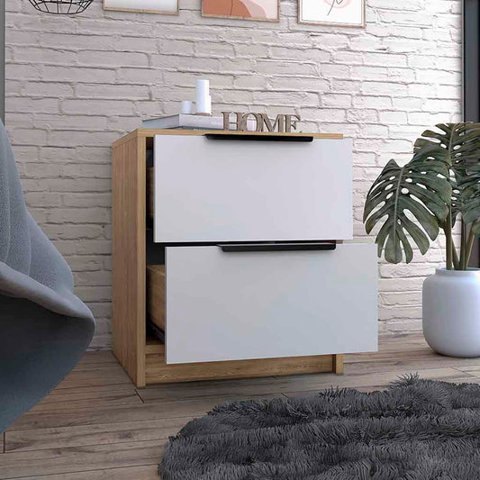 Modern twodrawer nightstand with white fronts and wood grain frame