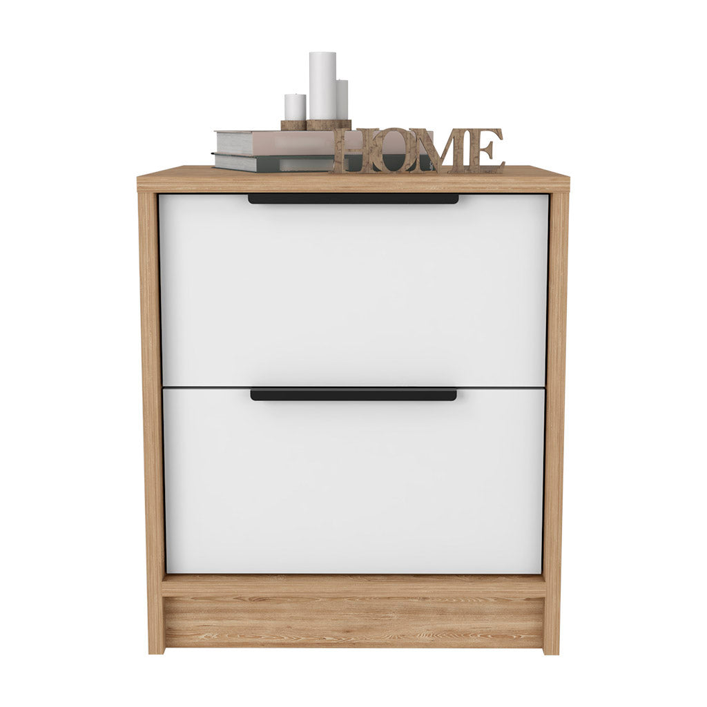 Modern twodrawer nightstand with white drawers and oak wood frame Perfect for bedroom storage