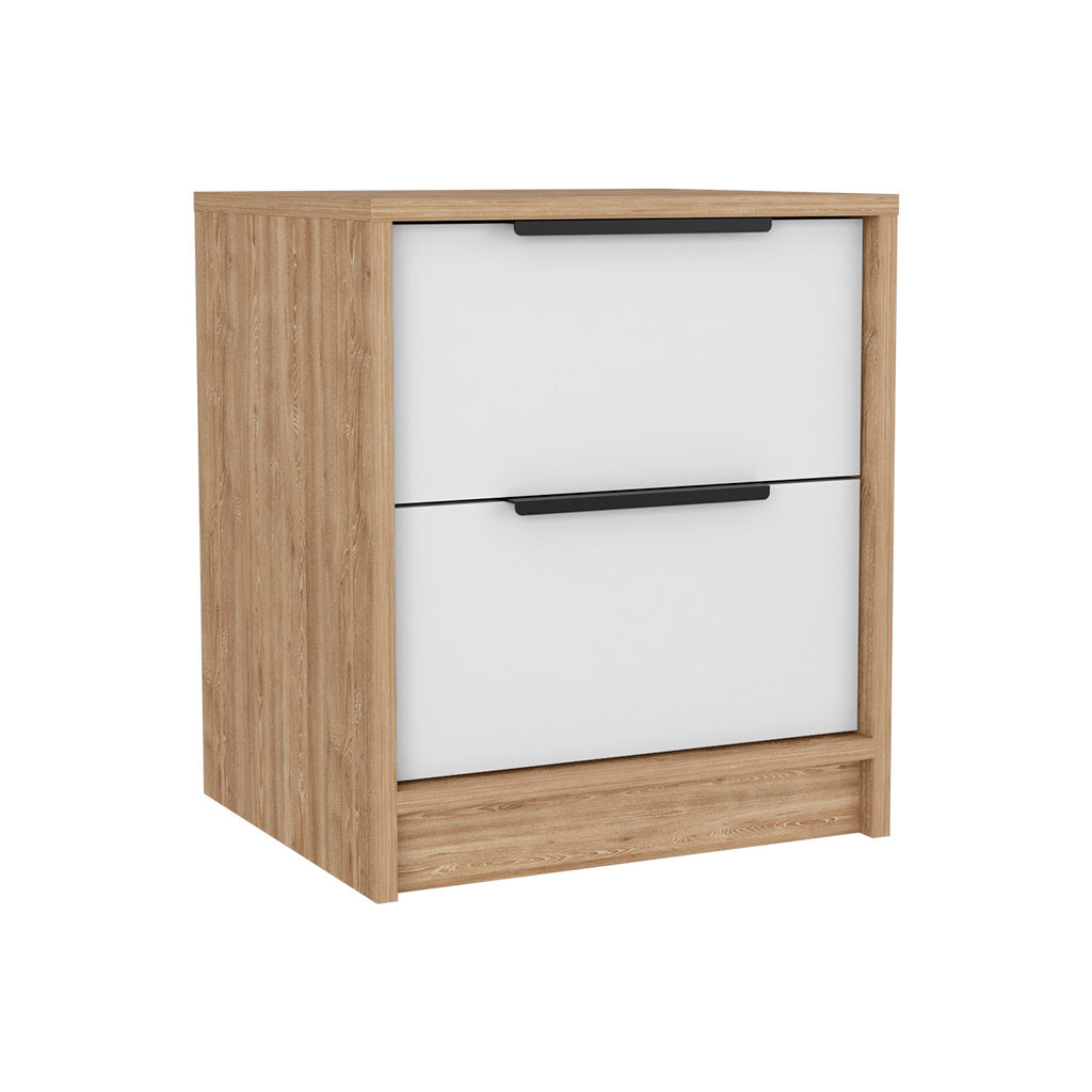 Modern twodrawer nightstand with white fronts and light wood grain sides