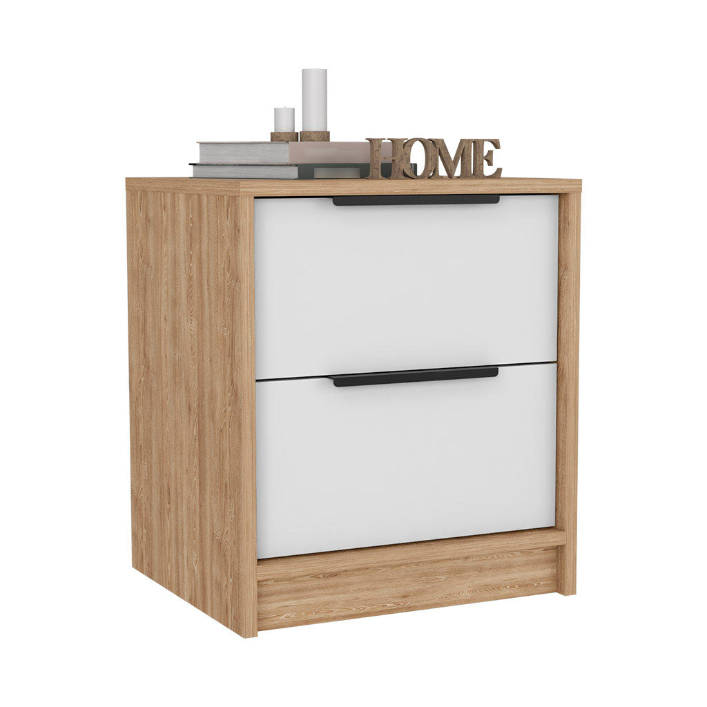 Modern twodrawer nightstand with white fronts and light wood grain frame