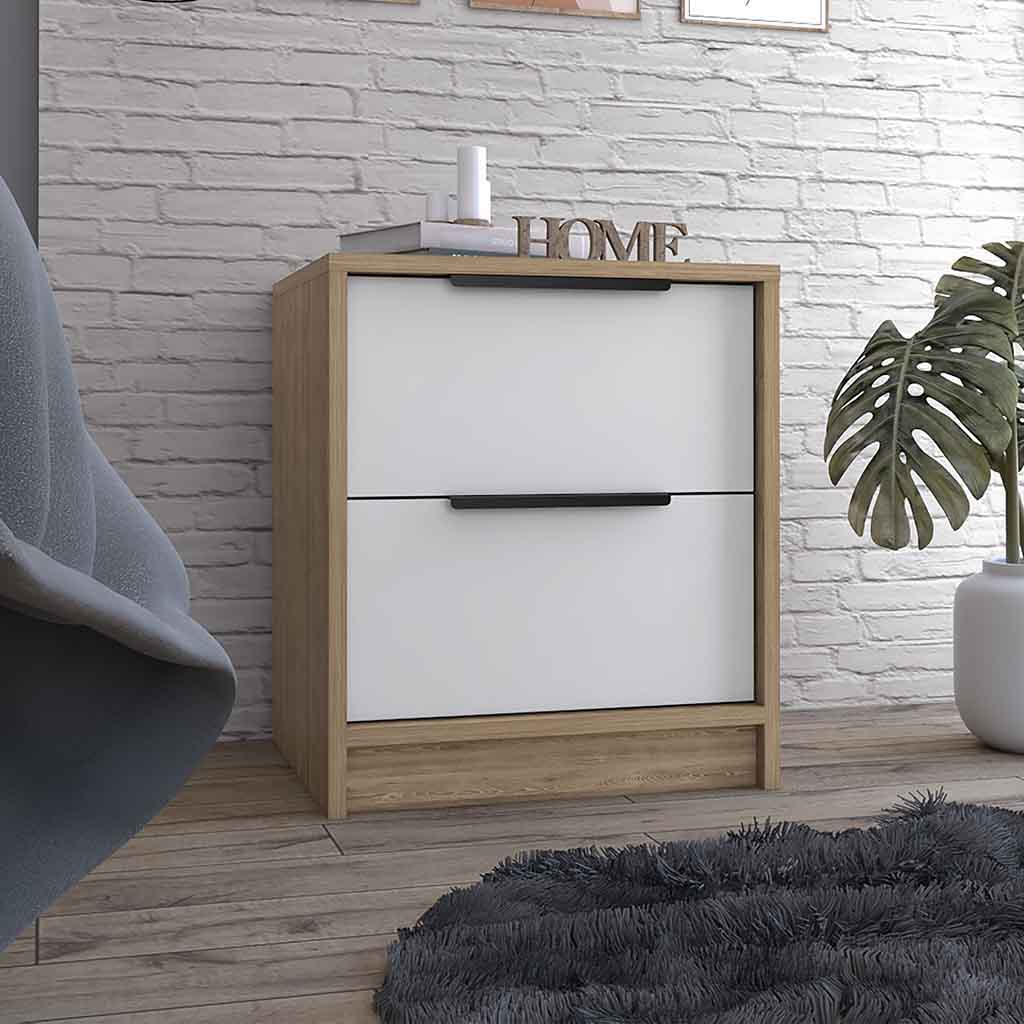 Modern twodrawer nightstand with white fronts and natural wood frame