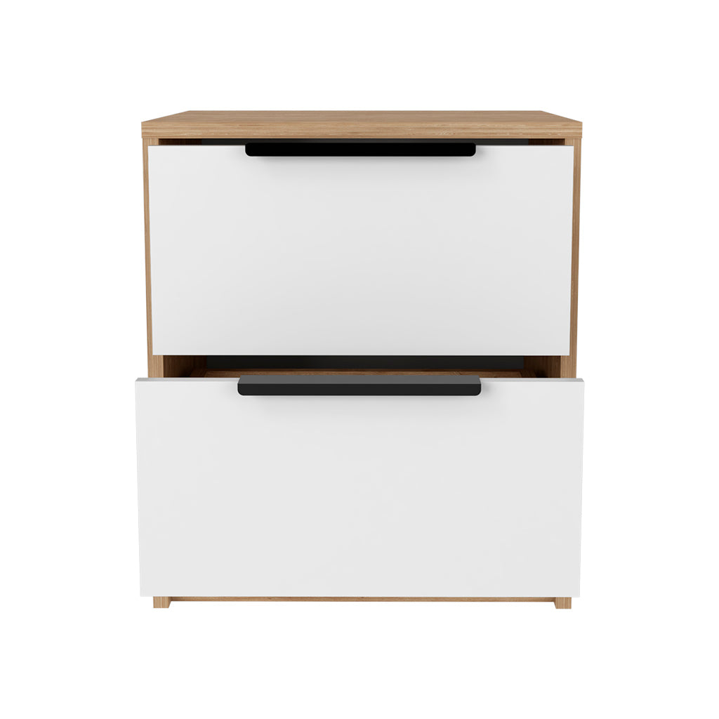 Modern twodrawer nightstand with white fronts and light oak wood accents