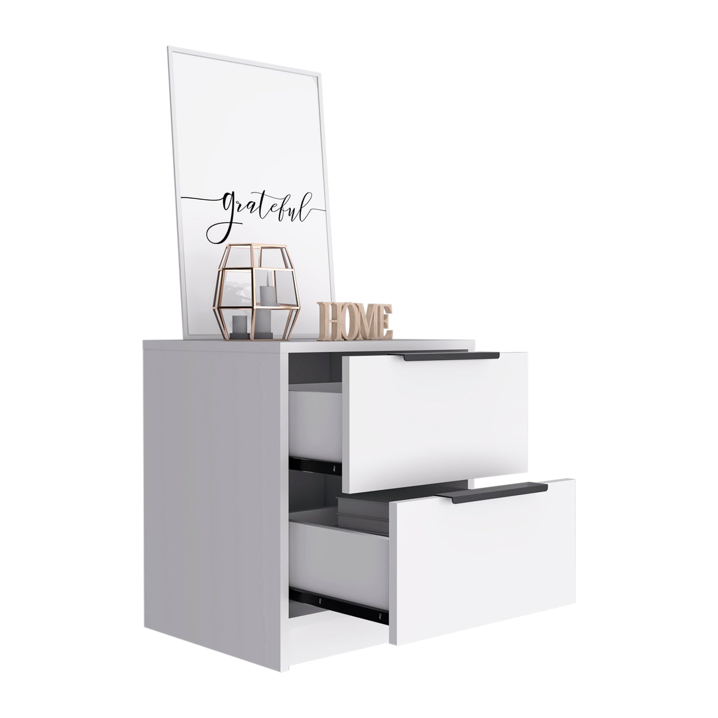 Modern white twodrawer nightstand with sleek black handles and a white picture frame