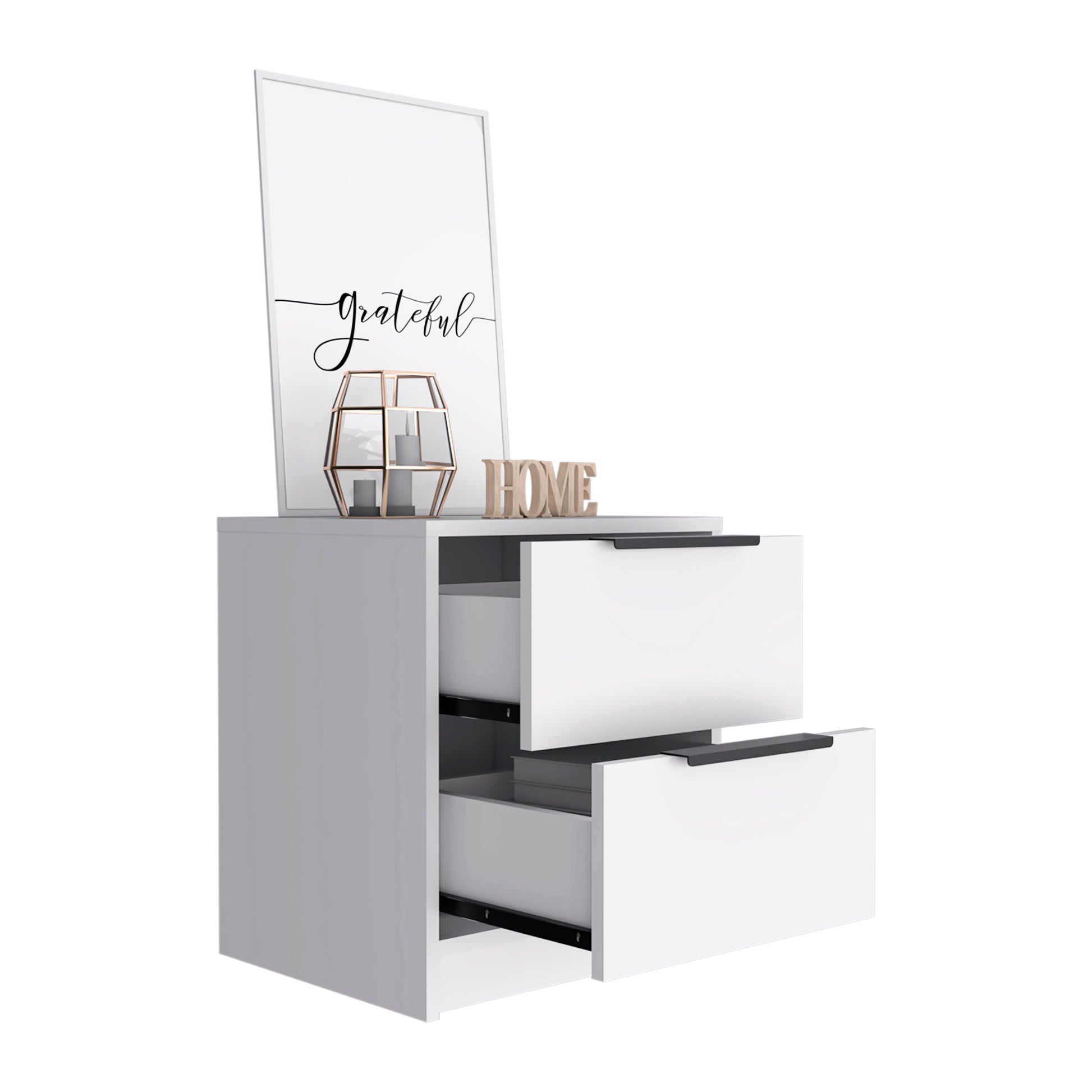 Modern white twodrawer nightstand with sleek black handles and a white picture frame