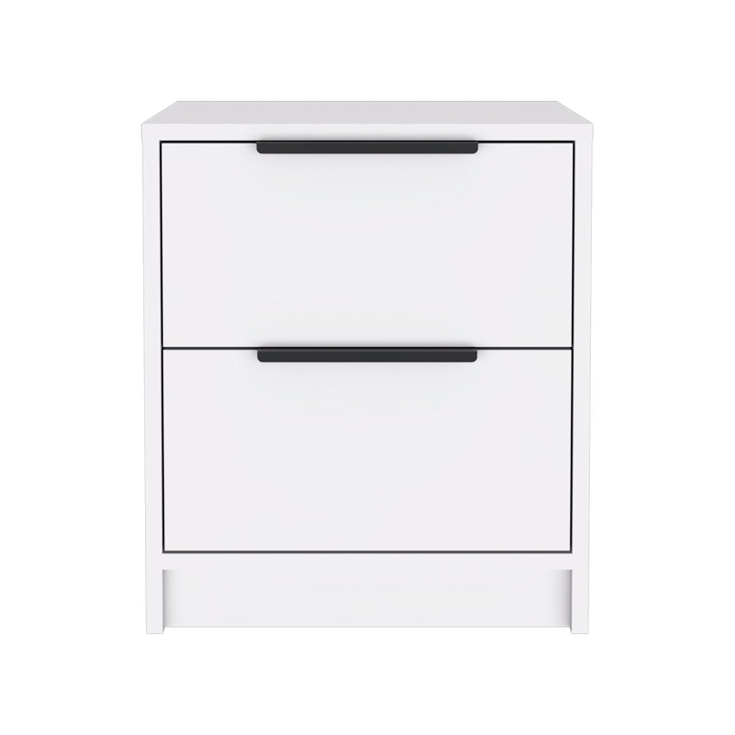 Modern white twodrawer nightstand with black minimalist handles for bedroom storage
