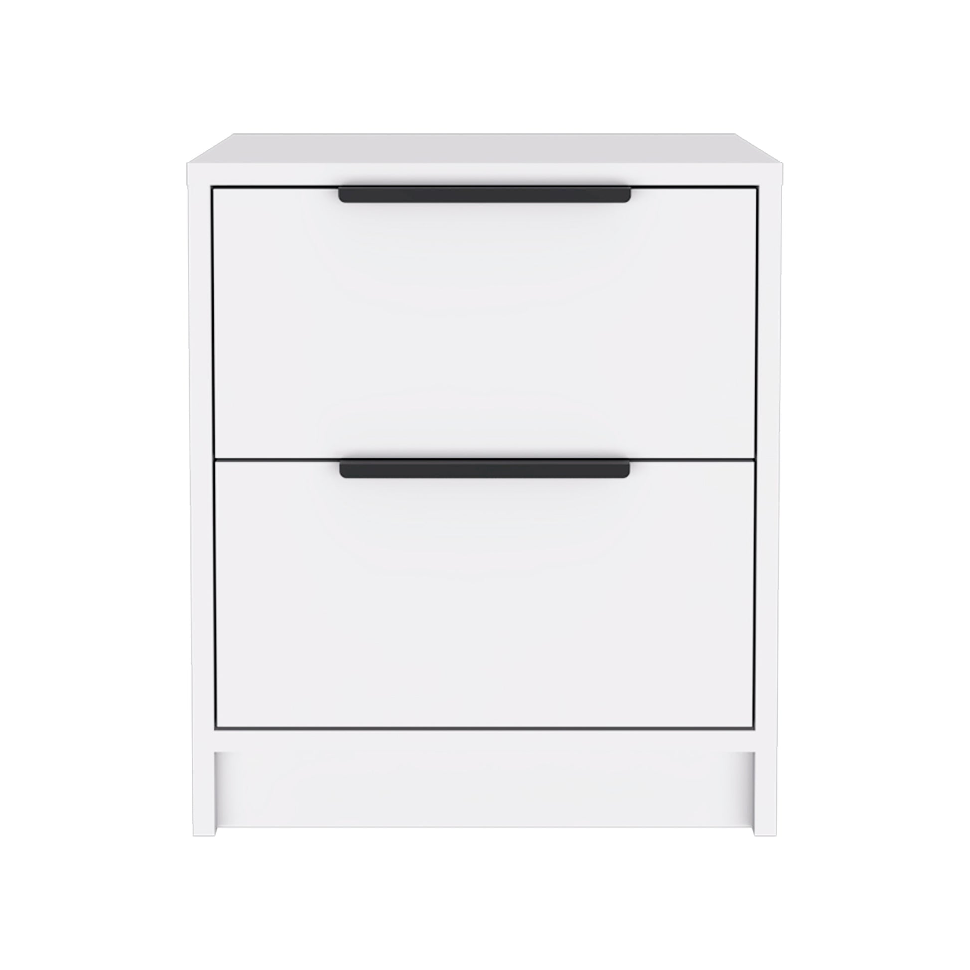 Modern white twodrawer nightstand with black minimalist handles for bedroom storage