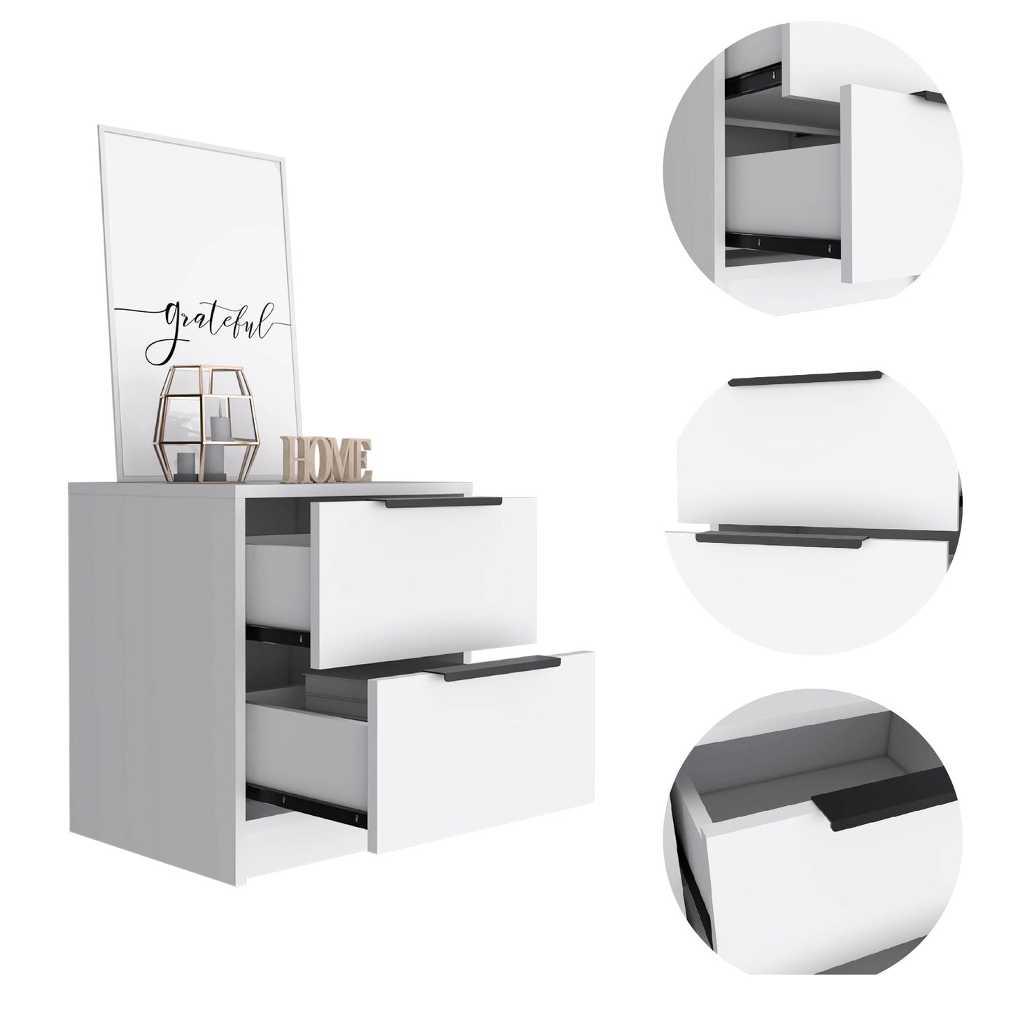 White minimalist dresser with two drawers black handles and framed art