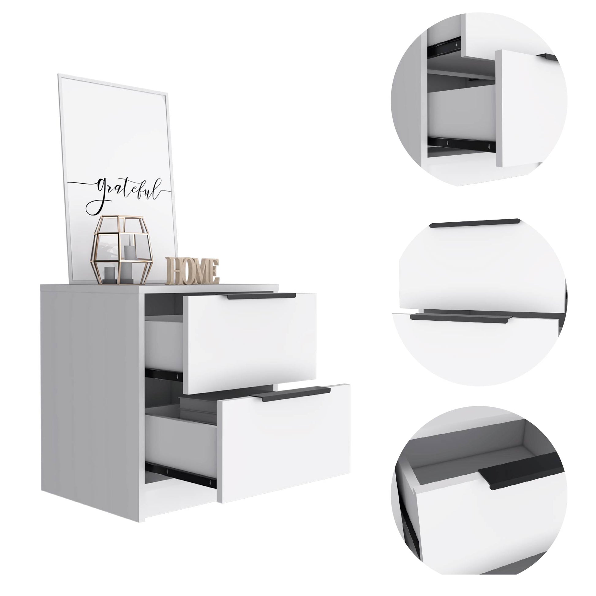 White minimalist dresser with two drawers black handles and framed art