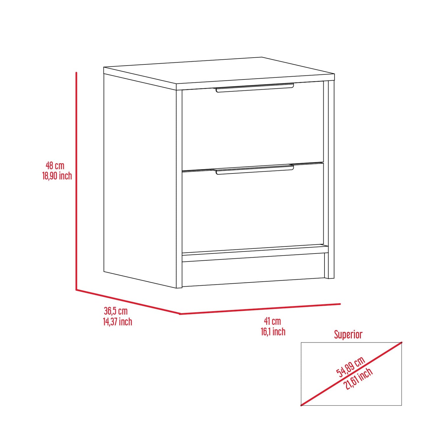 Technical drawing of a twodrawer nightstand dimensions shown in cm and inches