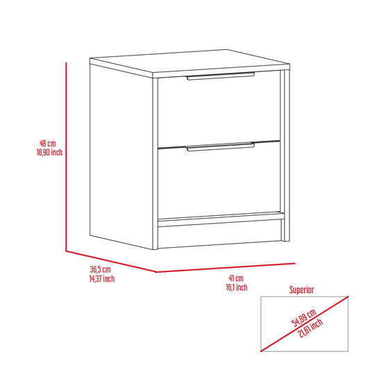 Technical drawing of a twodrawer nightstand dimensions shown in cm and inches