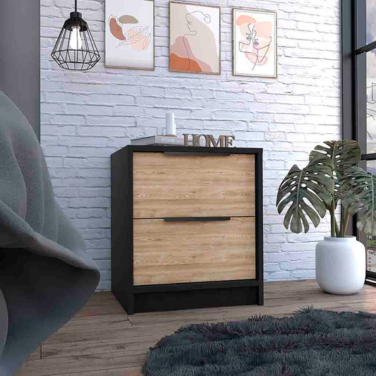 Modern twodrawer nightstand with black frame and light wood grain fronts