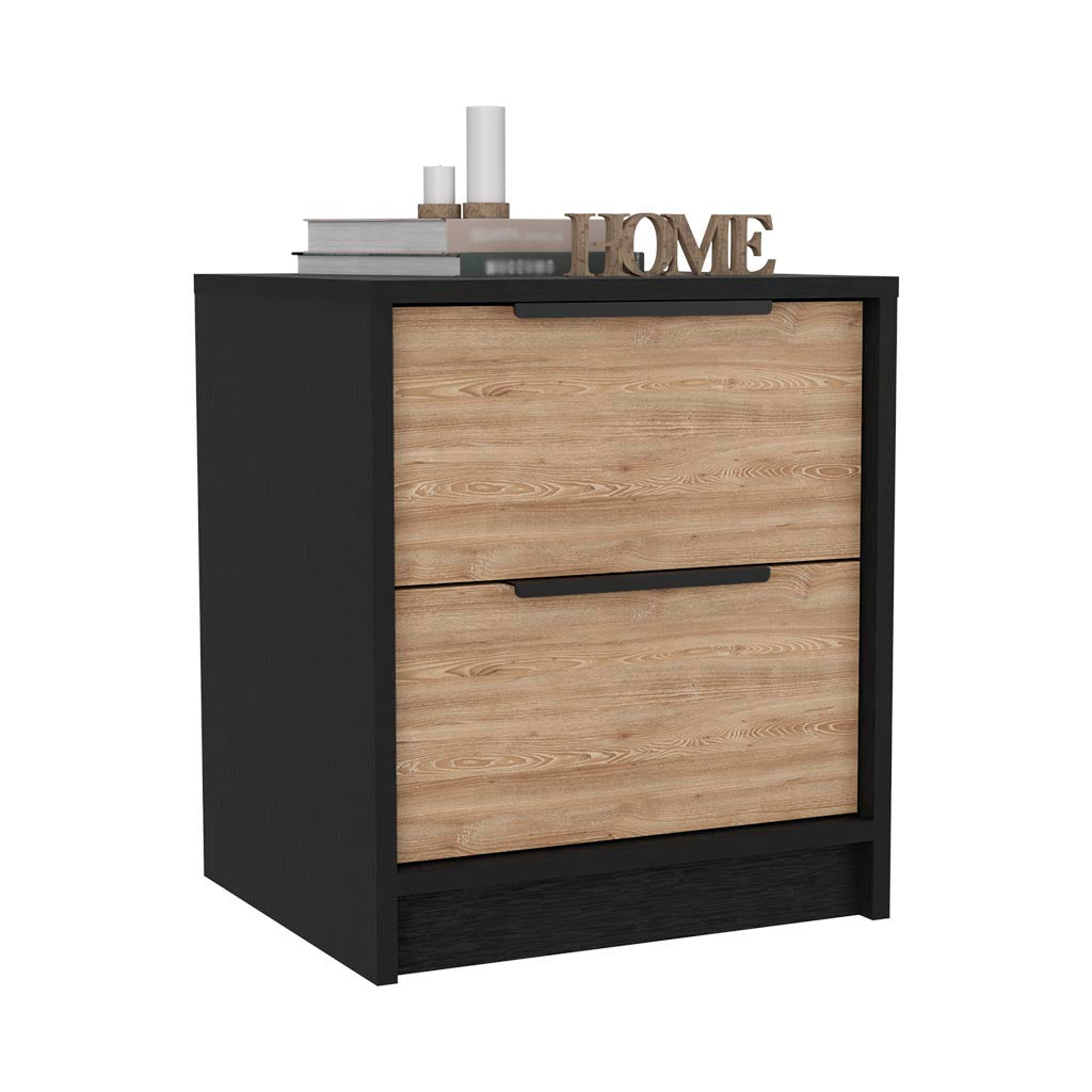 Black and wood grain twodrawer nightstand with black hardware for bedroom storage