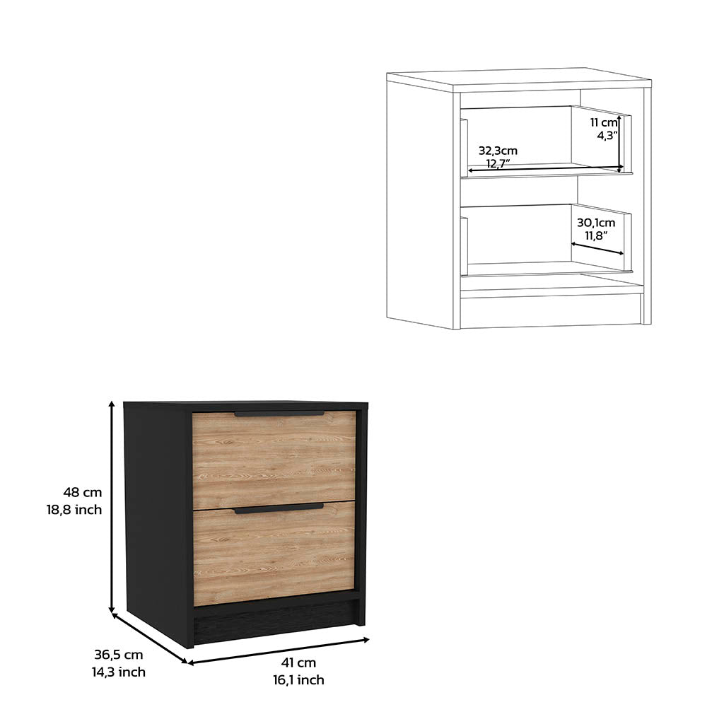 Black nightstand with two woodgrain drawers and silver handles