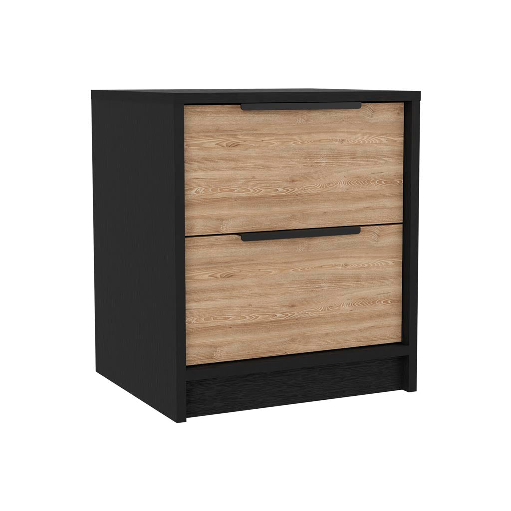 Modern black frame bedside cabinet with two light wood grain drawers