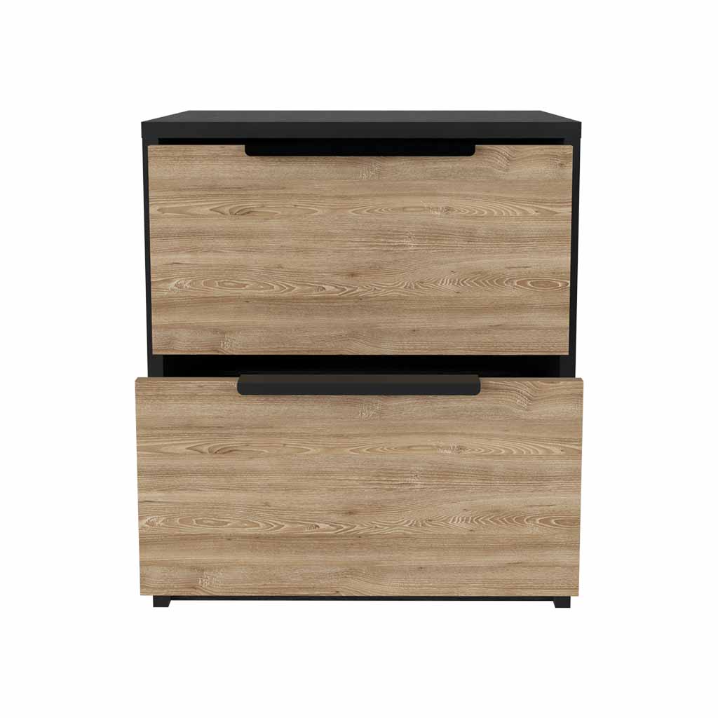 Modern twodrawer filing cabinet with light wood grain and black accents