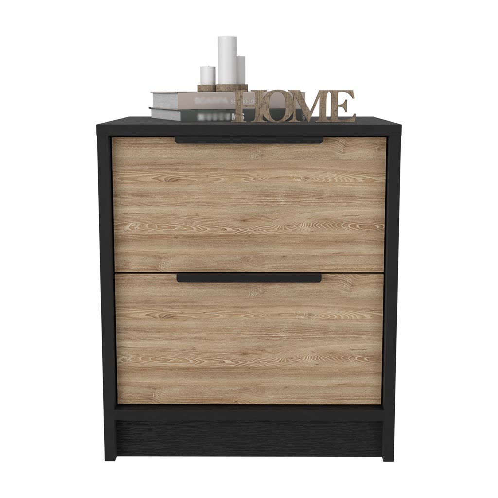 Modern twodrawer nightstand with wood grain fronts and black frame