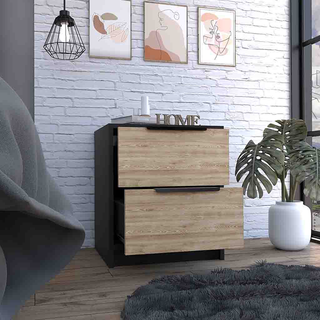Black and wood bedside table with two drawers for bedroom storage