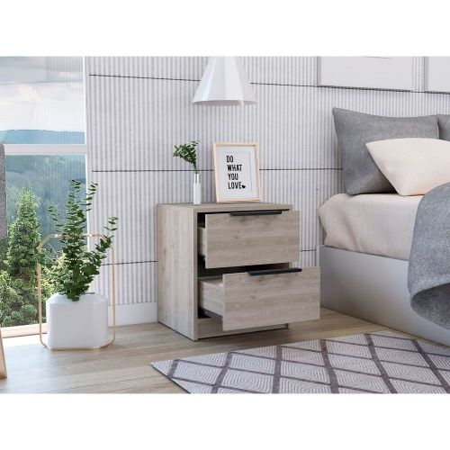Modern twodrawer nightstand with light wood finish and black handles