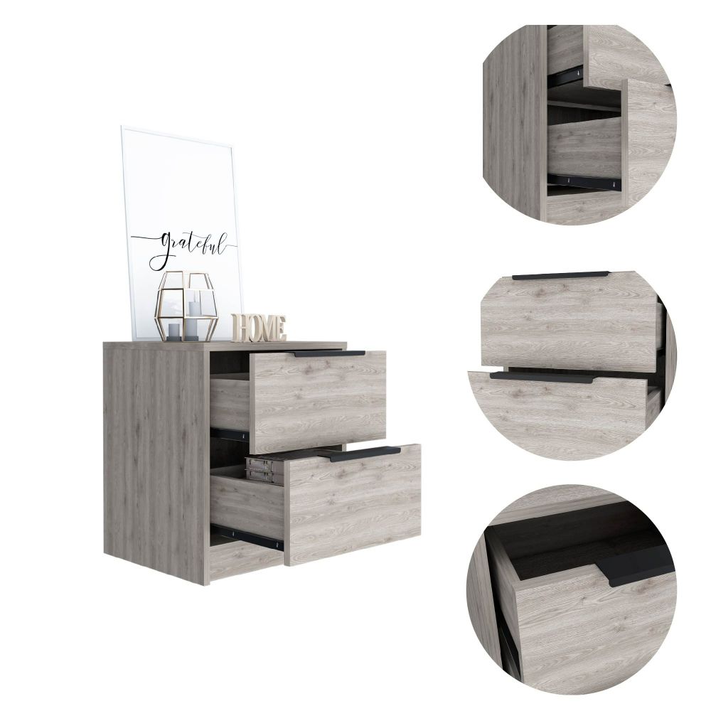 Light wood grain dresser with three drawers and black handles
