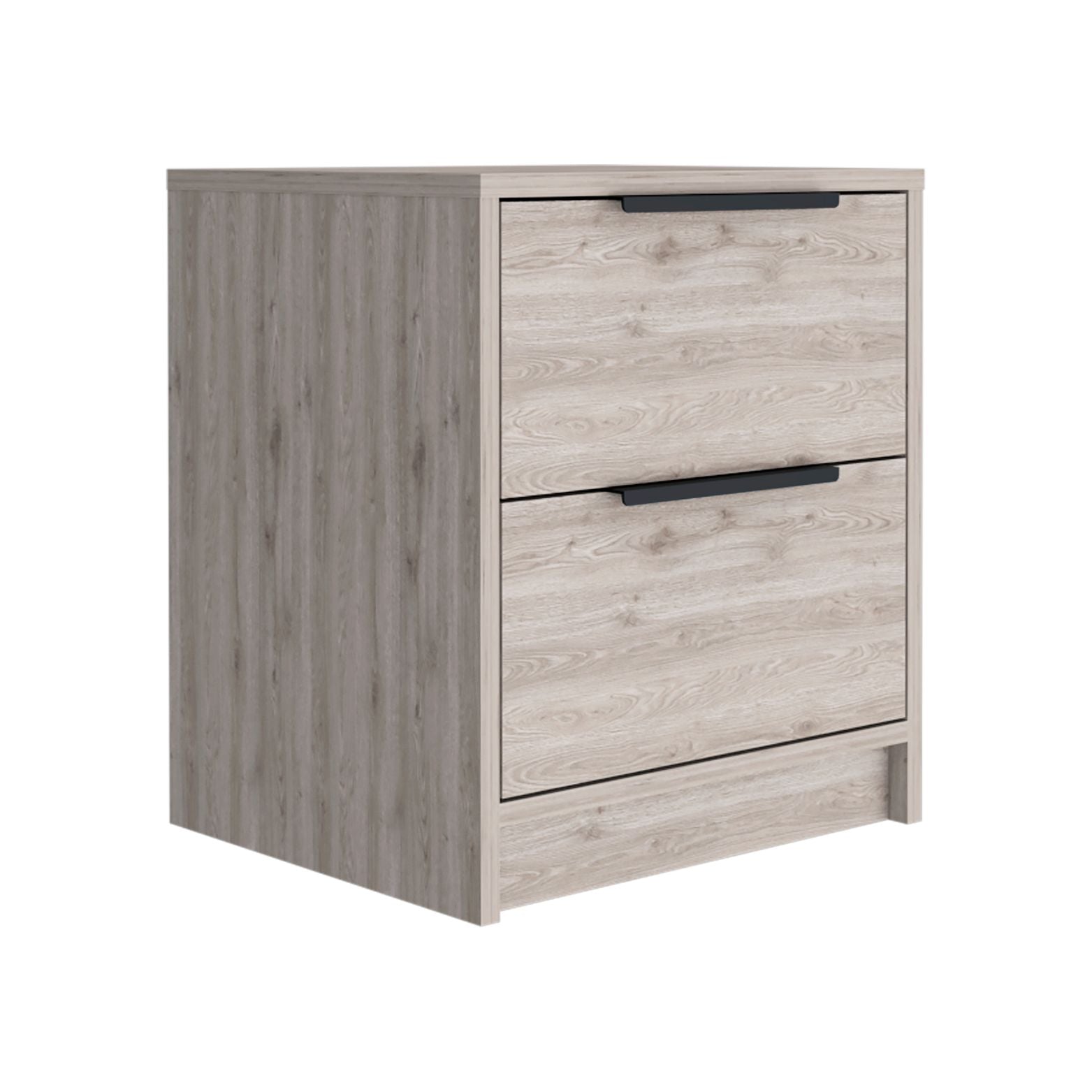 Light oak wood bedside table with two drawers and black handles modern design