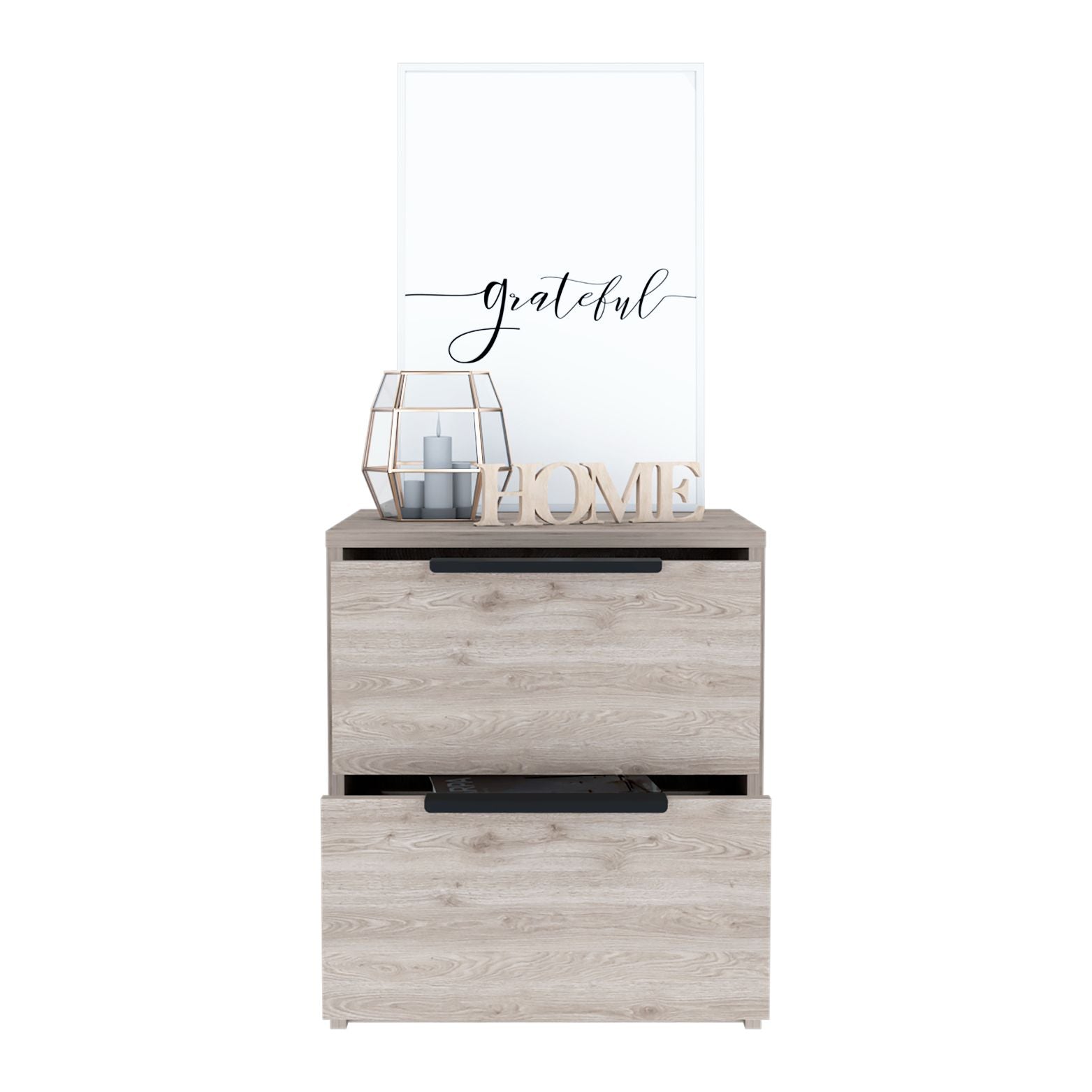 Light oak veneer dresser with two drawers and black handles featuring decorative items on top
