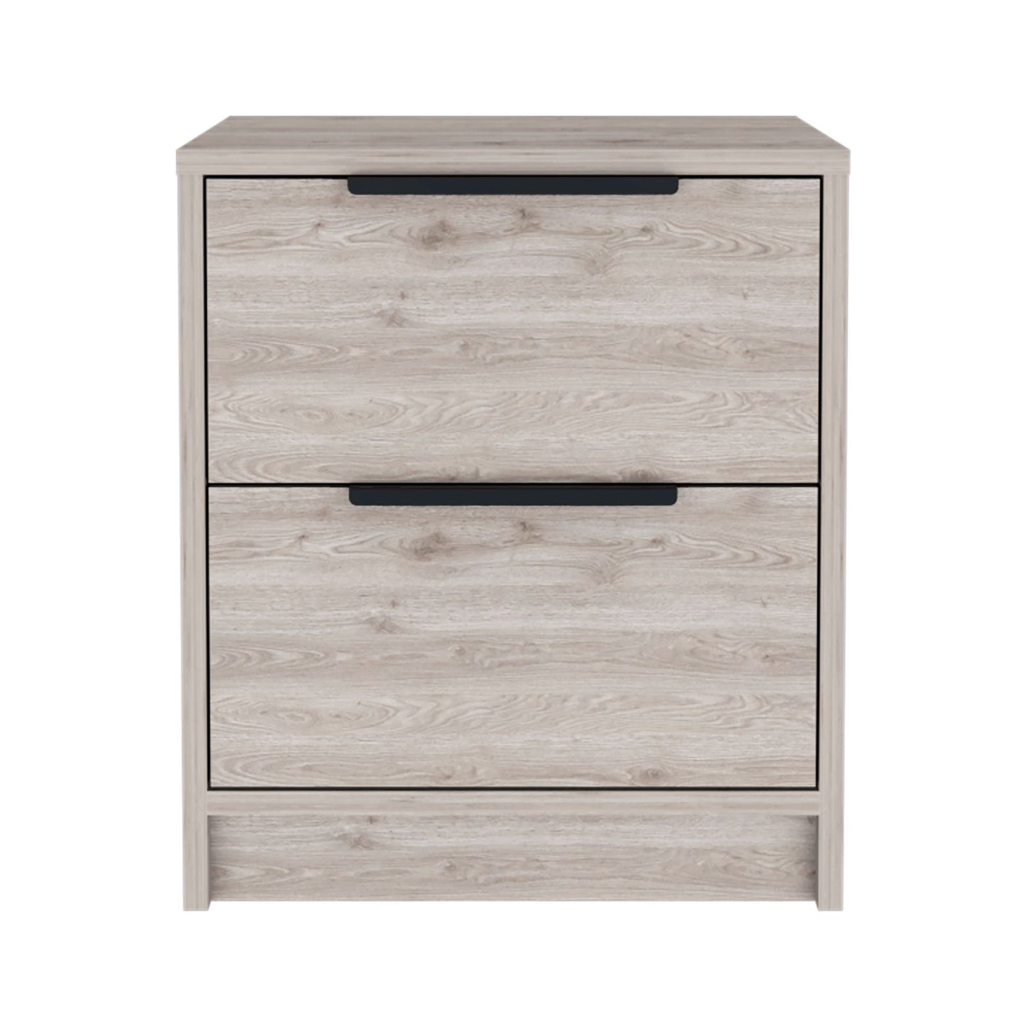 Light wood veneer nightstand with two drawers and black metal handles