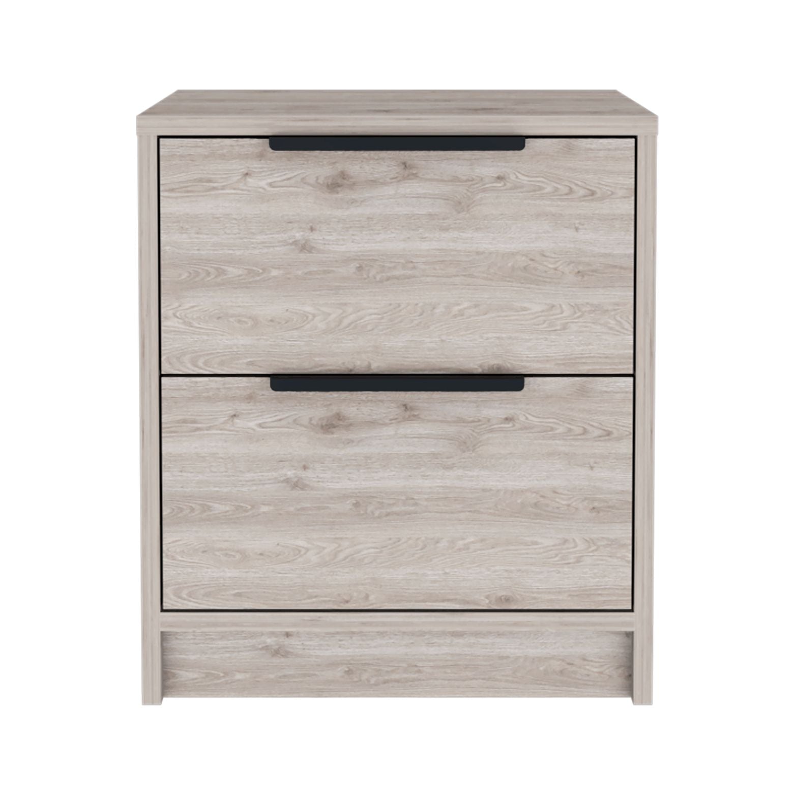 Light wood veneer nightstand with two drawers and black metal handles