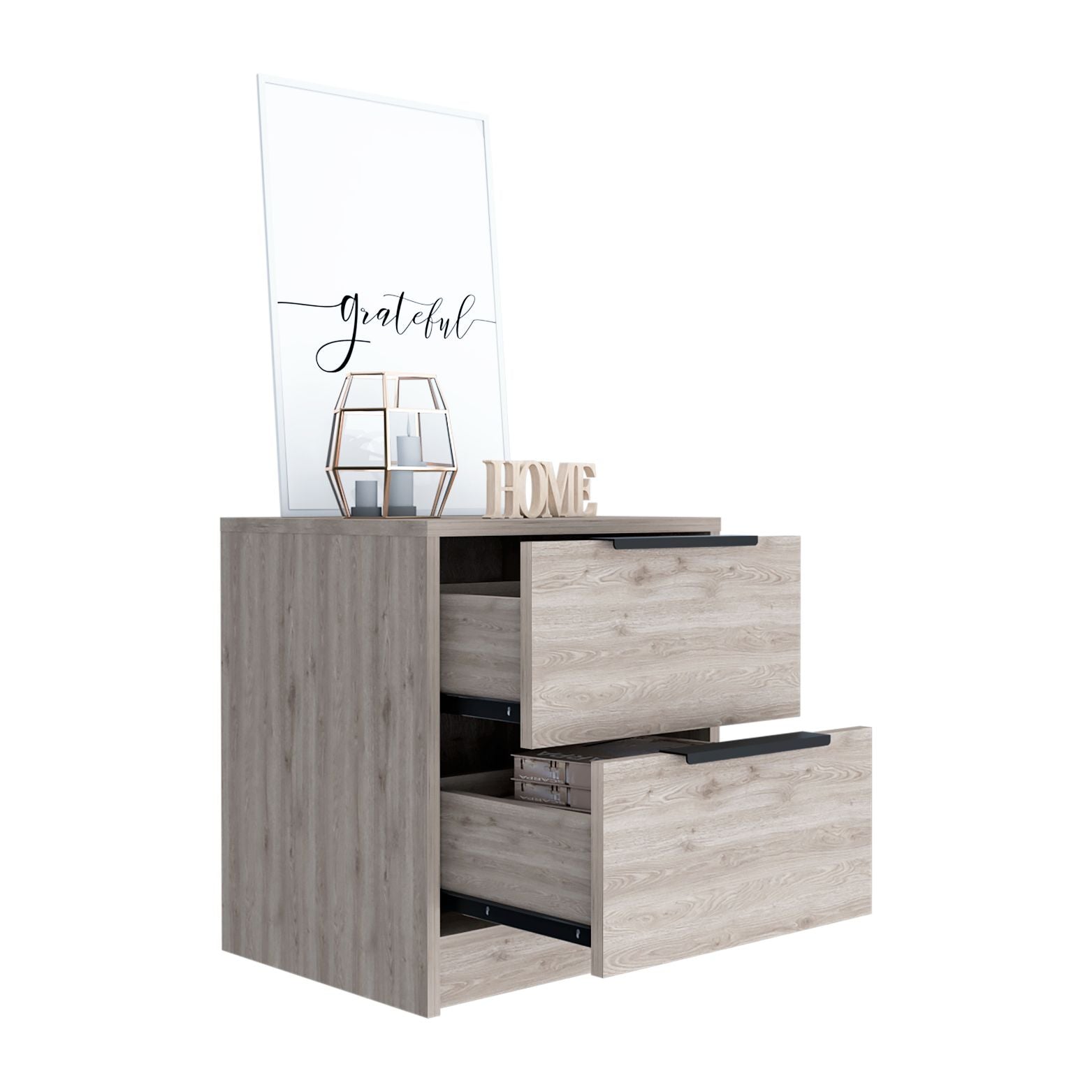 Modern light wood filing cabinet with two open drawers and black handles