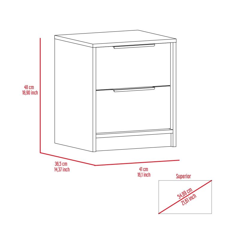 Modern twodrawer bedside table with sleek silver handles cm height
