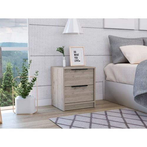 Light oak finish nightstand with two drawers and black handles featuring a modern design