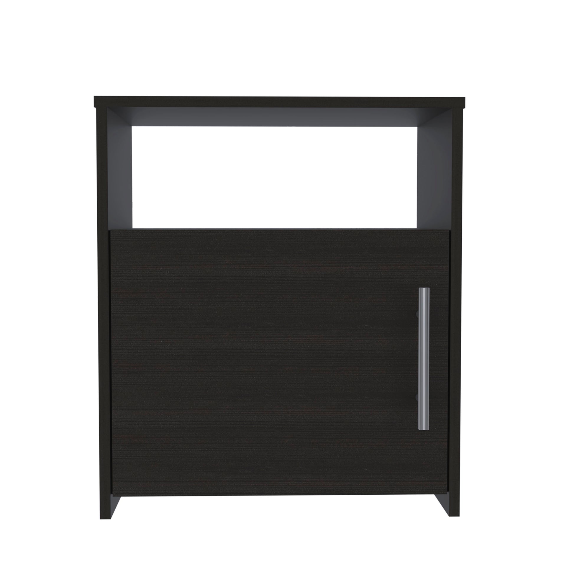 Dark wood cabinet with open shelf and silver handle modern storage solution
