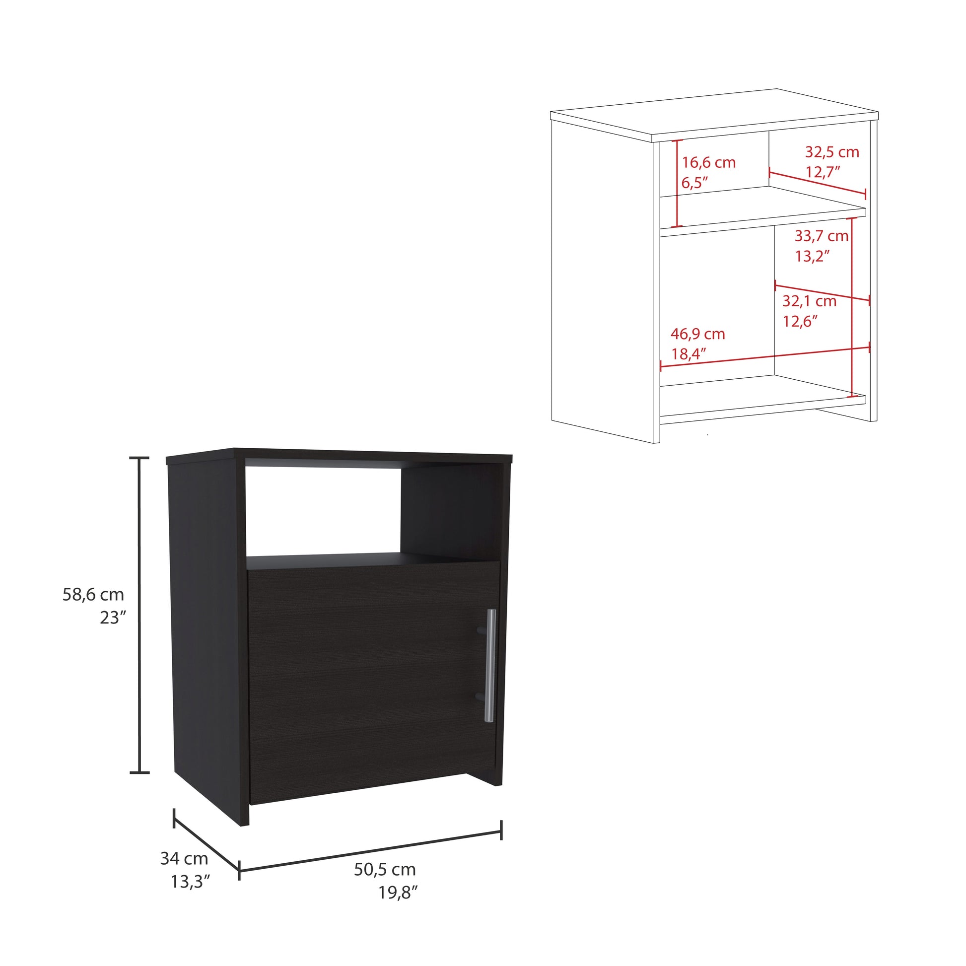 Dark wood bedside table with one door and an open shelf cm wide
