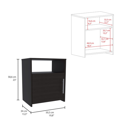 Dark wood bedside table with one door and an open shelf cm wide