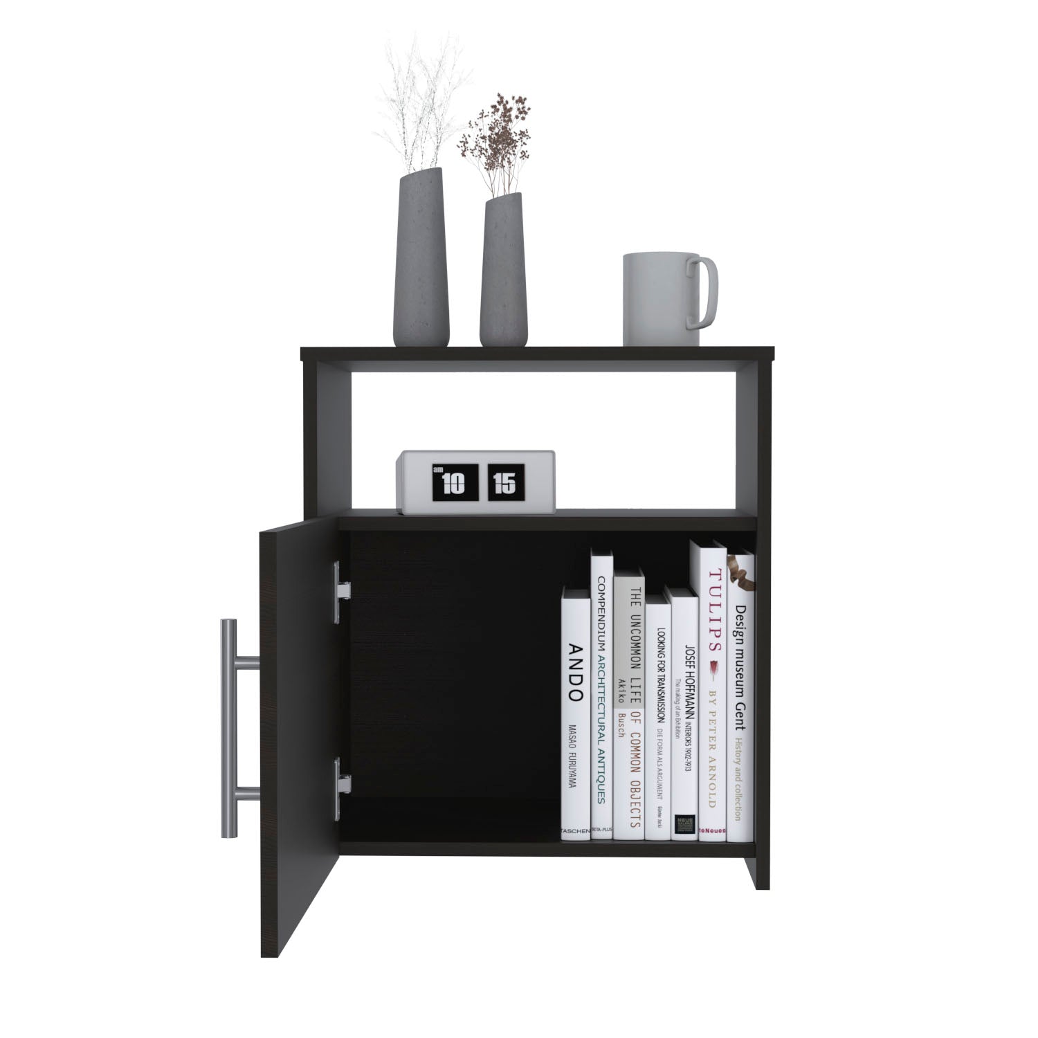 Dark wood nightstand with open cabinet door and silver handle modern design