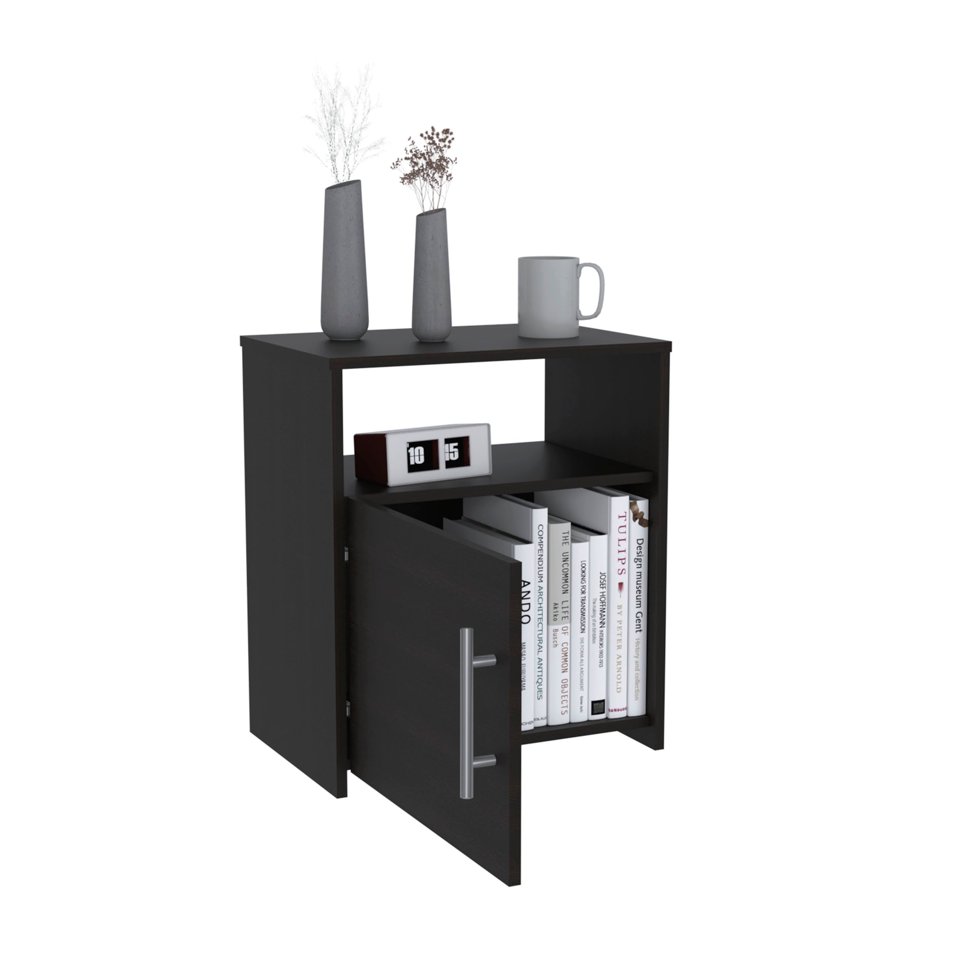 Dark wood nightstand with open shelf cabinet door and chrome handle