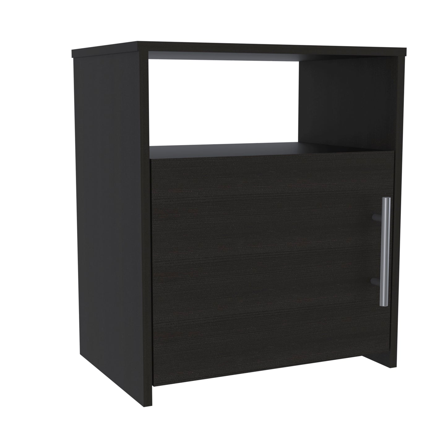 Dark wood bedside cabinet with open shelf and single door modern design