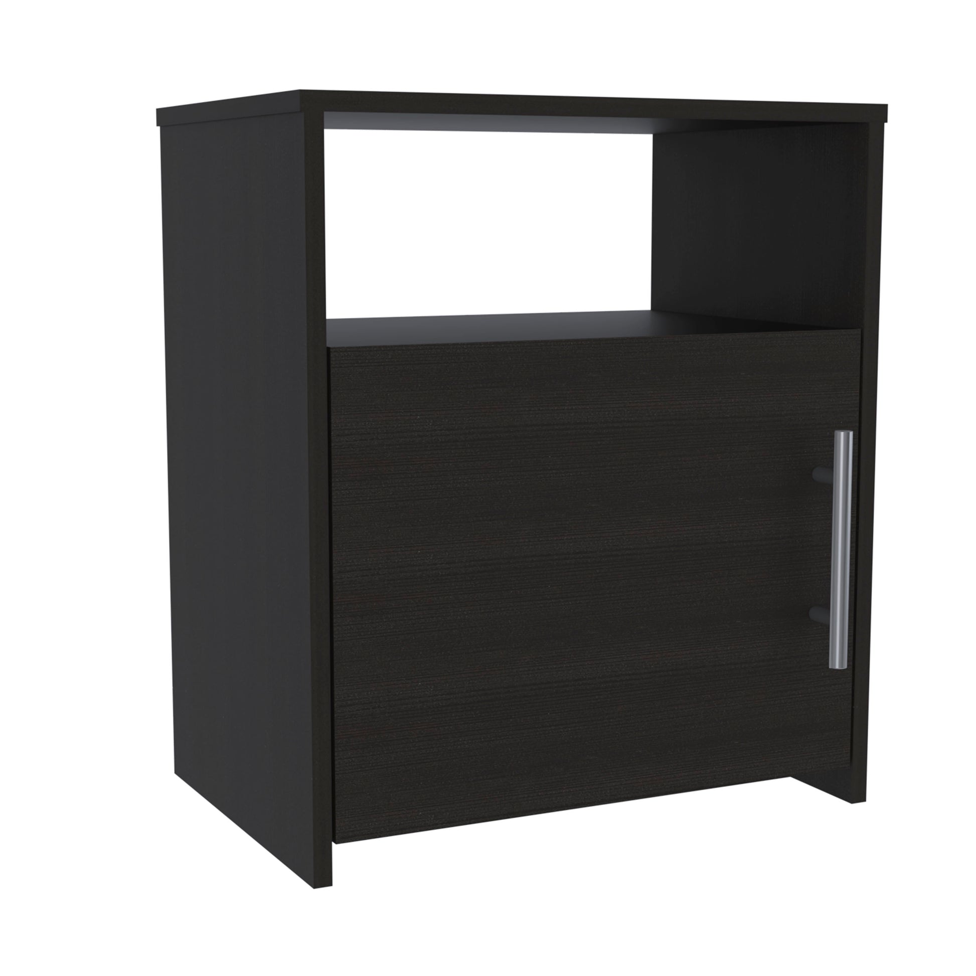 Dark wood bedside cabinet with open shelf and single door modern design