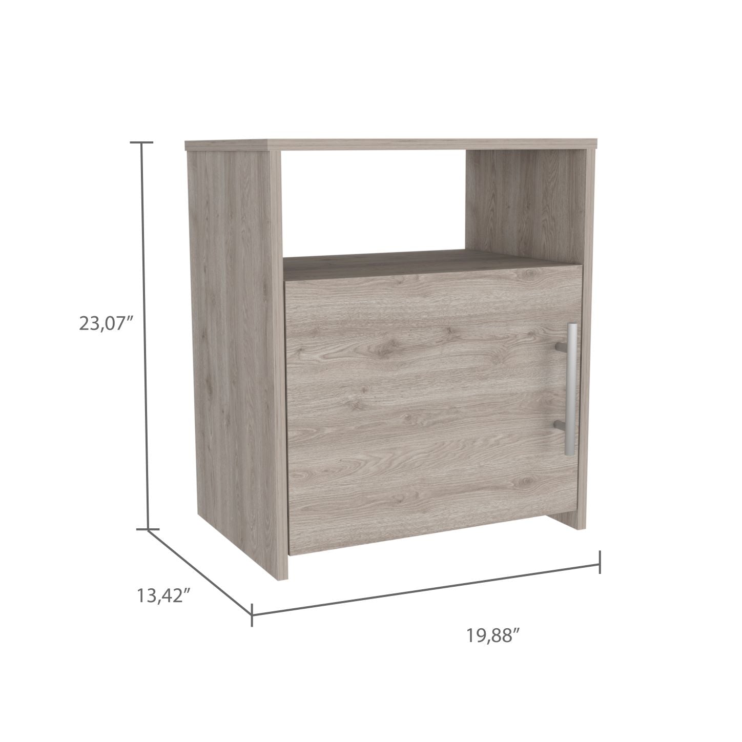 Light oak veneer cabinet with open shelf above one door  H