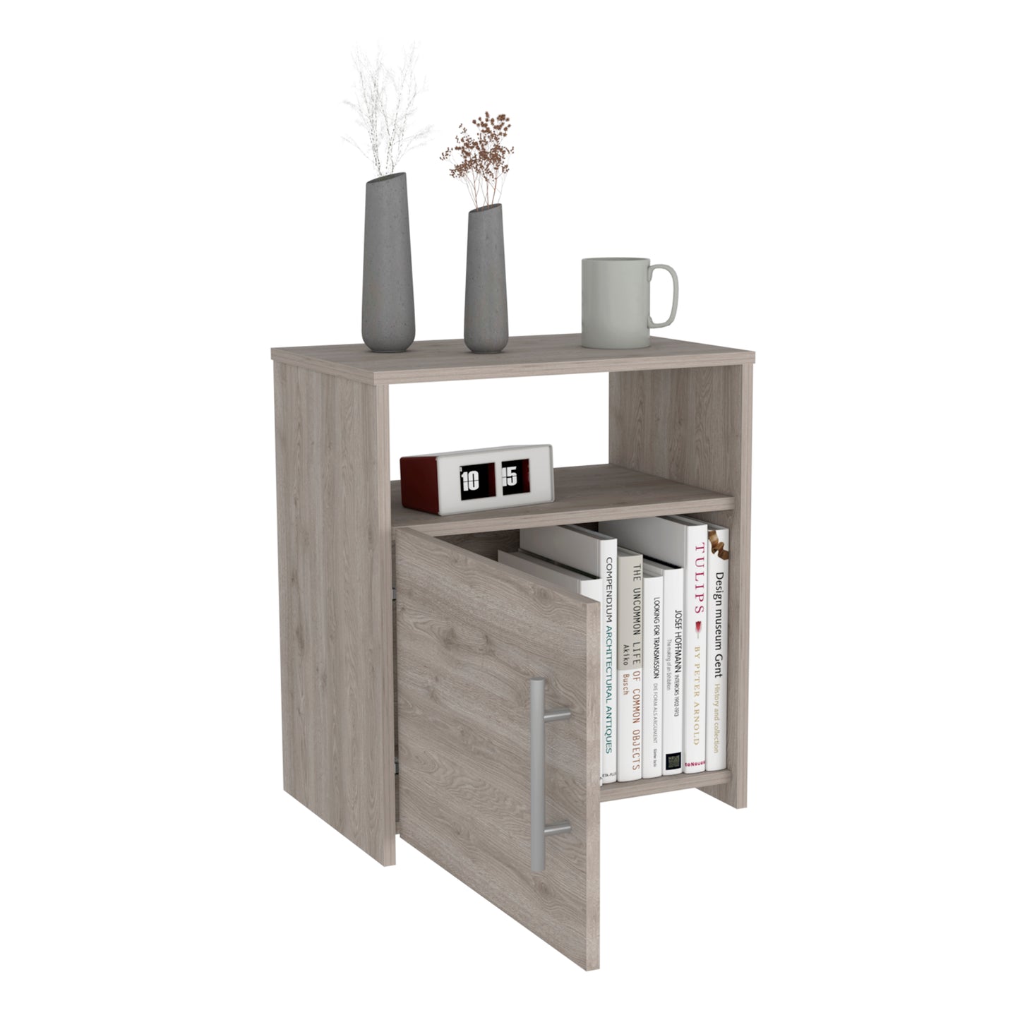 Light wood grain nightstand with a closed door shelf and metal handle