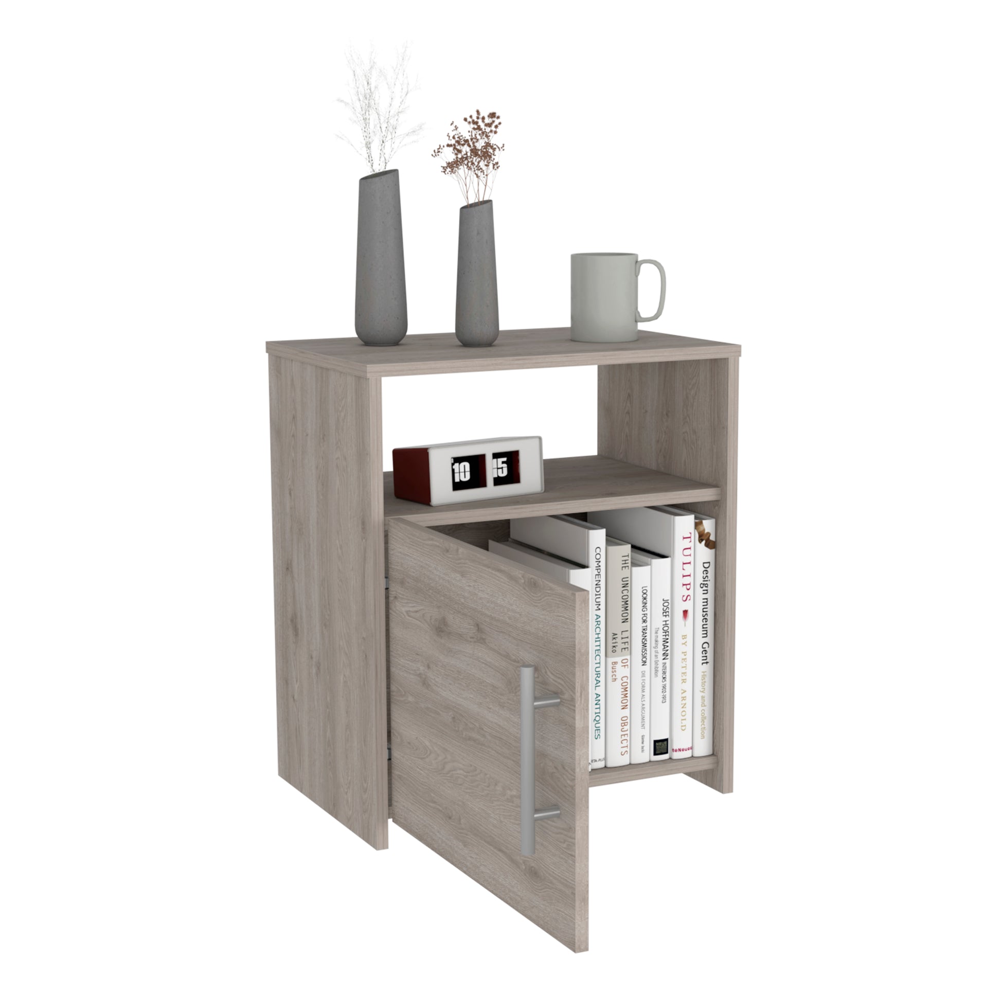 Light wood grain nightstand with a closed door shelf and metal handle