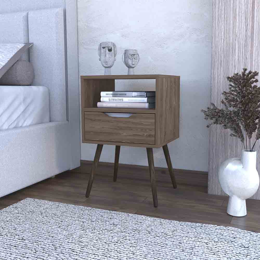 Midcentury modern nightstand with a single drawer and open shelf in a rich walnut veneer finish
