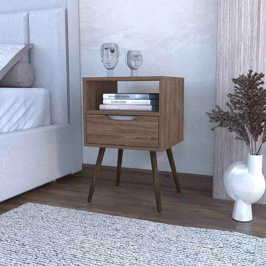Midcentury modern nightstand with a single drawer and open shelf in a rich walnut veneer finish
