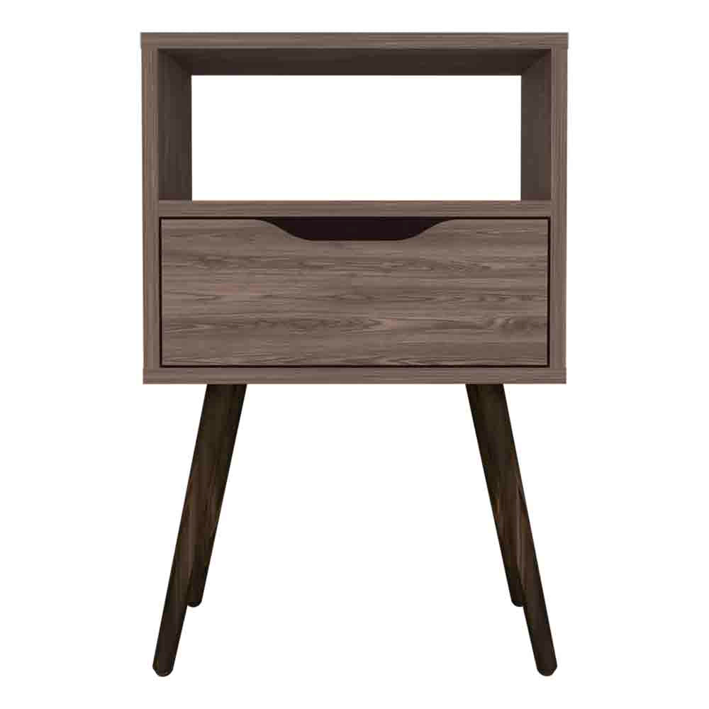 Midcentury modern grey wood nightstand with open shelf and single drawer
